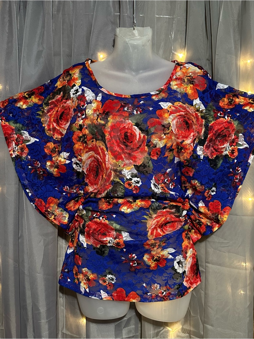 Y2K 2000’s Blue and orange floral flutter sleeve sheer blouse Sz S by Deb